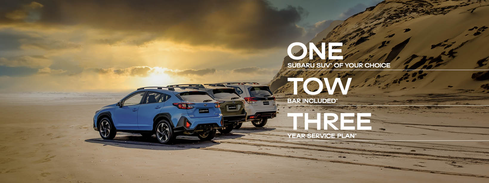 ONE Subaru SUV, TOW bar included, THREE year service plan !